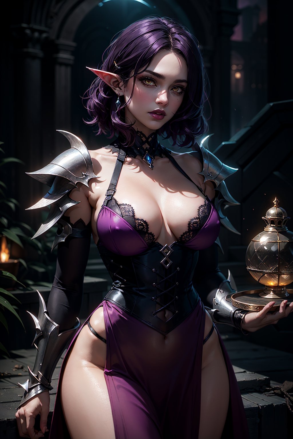 (masterpiece, best quality, volumetric lighting, detailed eyes), demon woman, pointy ears, warrior, purple dress, black lace dress, fantasy armor, (demon castle) dark background, (dark magic effect, dark spell cgi), Lord of the Rings aesthetic, fearsome woman, dark Rider, medium hair, sharp edged hair, dark purple hair, (pink lips, pale skin), yellow eyes, (cleavage, round breasts, perky breasts:1.1), (hourglass waist), cowboy shot, fit torso, skinny torso