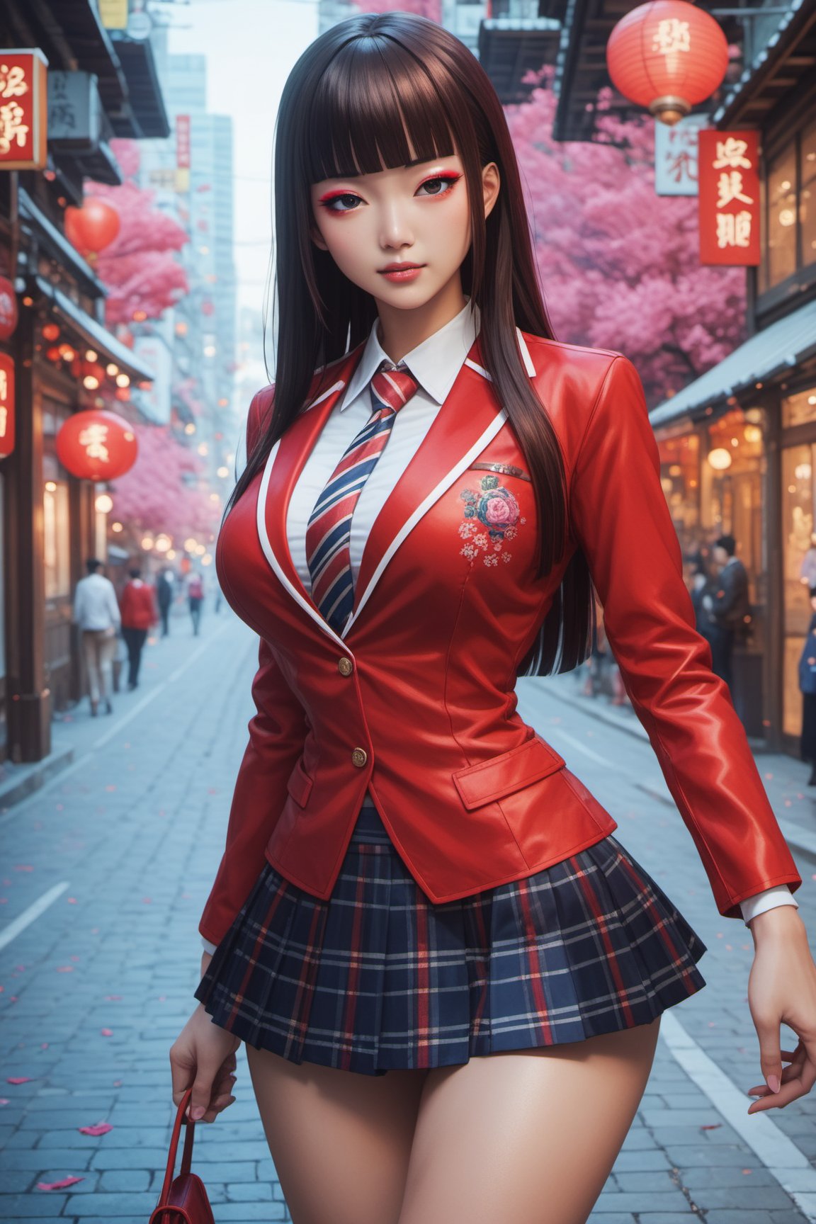 score_9, score_8_up, score_7_up, score_6_up, beautiful japanese girl, 18 year old, long brown hair, blunt bangs, makeup, school uniform, mini skirt, open jacket, red jacket, large breasts, narrow waist, large hip, street, detailed background, highly detailed, vibrant colors, cowboy shot