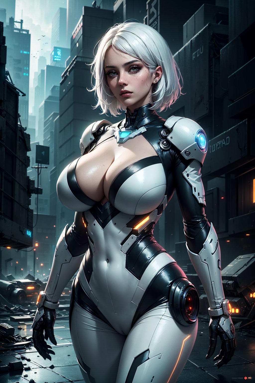 1girl, white hair, huge breasts, cleavage, battle suit, Armor, futuristic, sci-fi, cyberware, cybertech, post war, Destroyed, city, catastrophic, huge breasts, narrow waist, skinny, huge hip, large pelvic

masterpiece, best quality, realistic, ultra highres, depth of field, (full dual colour lighting:1.2), (hard dual colour lighting:1.4), (detailed face:1.2), (detailed eyes:1.2), (detailed background), (masterpiece:1.2), (ultra detailed), (best quality), intricate, comprehensive cinematic, magical photography, (gradients), colorful, detailed landscape, visual key,QRobot