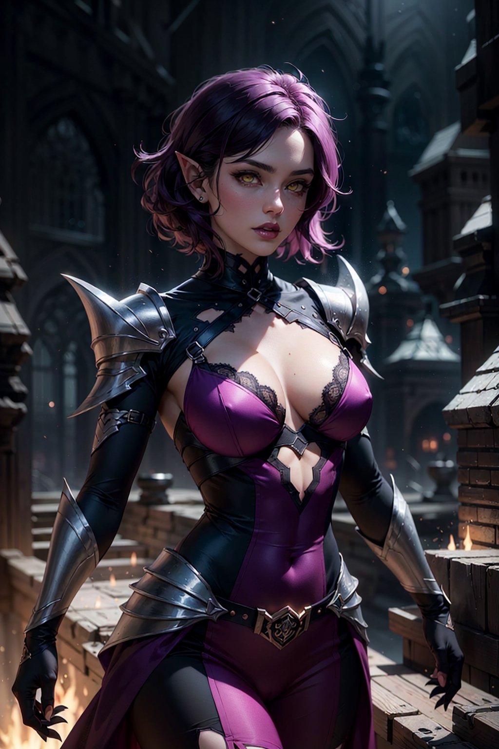 (masterpiece, best quality, volumetric lighting, detailed eyes), demon woman, pointy ears, warrior, purple dress, black lace trim, fantasy armor, (demon castle) dark background, (dark magic, dark spell), Lord of the Rings aesthetic, fearsome woman, dark Rider, medium hair, sharp edged hair, dark purple hair, (pink lips, pale blue skin), yellow eyes, (cleavage:0.7), (hourglass waist, cowboy shot, fit torso, skinny torso)