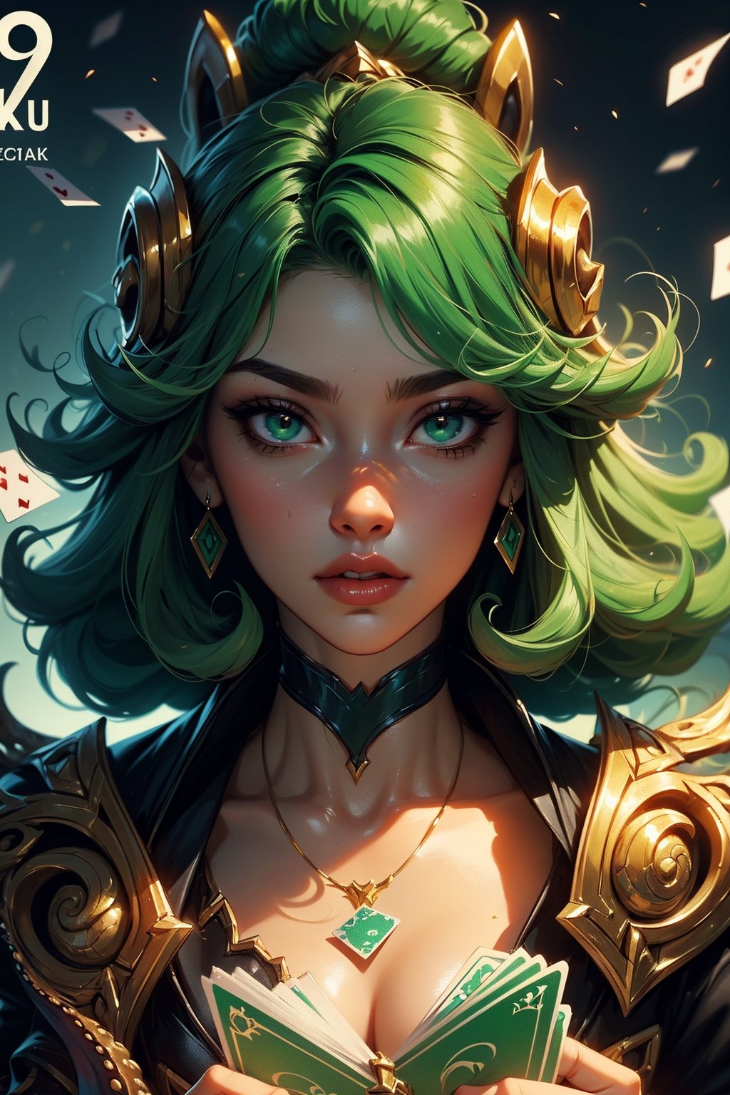 ((best quality)), ((masterpiece)), (detailed), woman with green hair, holding a sword, (octopus goddess:1.3), close-up portrait, goddess skull, (Senna from League of Legends:1.1), (Tatsumaki with green curly hair:1.2), card game illustration, thick brush, HD anime wallpaper, (Akali from League of Legends:1.1), 8k resolution, (rating_explicit), (score_9, score_8_up, score_7_up, score_6_up, score_5_up, score_4_up, high res, 4k)