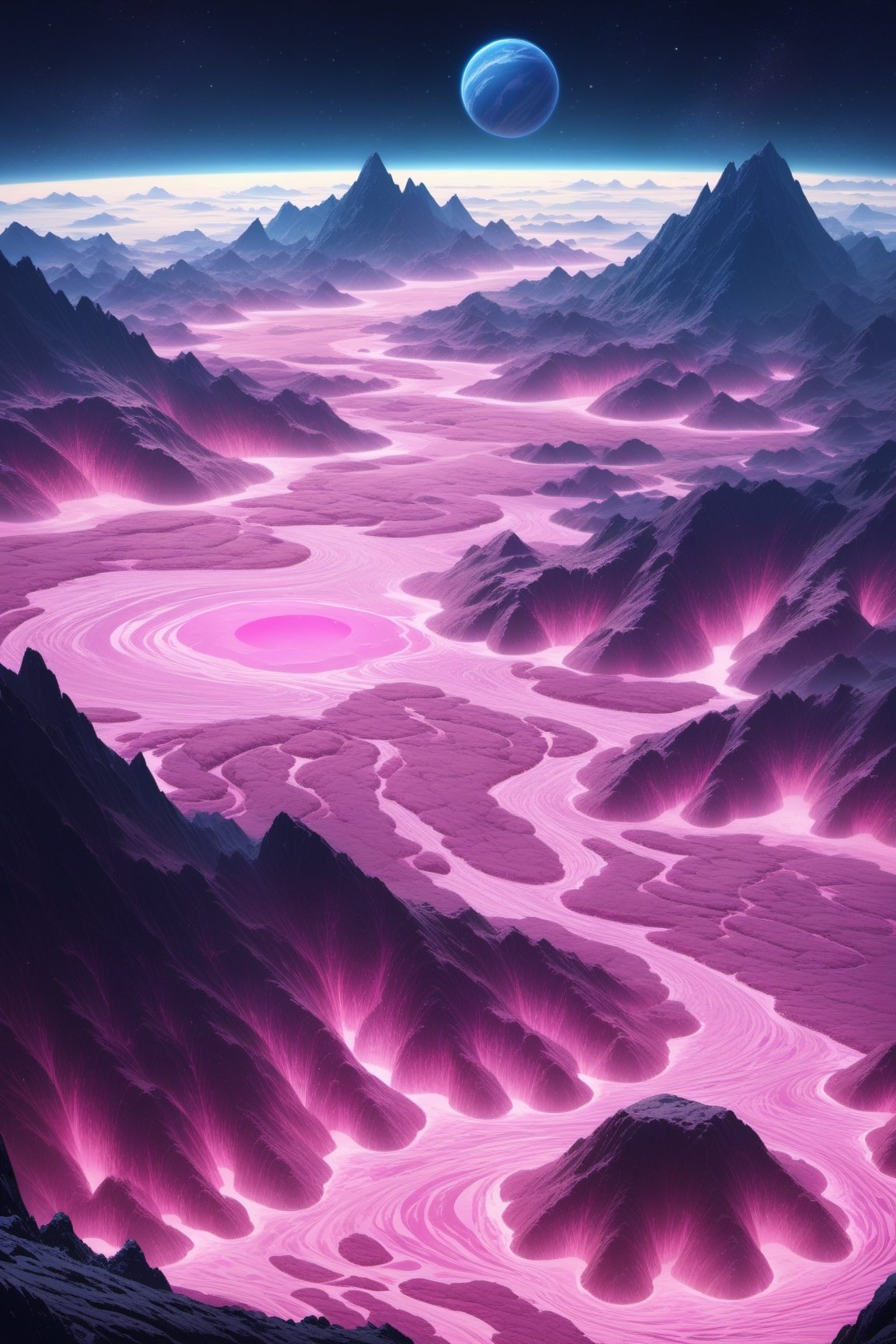 Alien planet,  blue terrains,  pink lava river by Keith on Tensor.Art