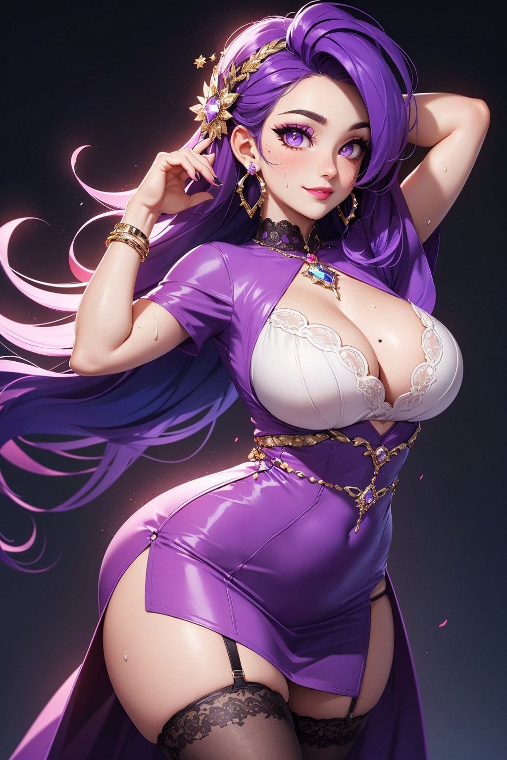 (masterpiece, High Quality, best quality:1.4), colorful, vibrant, highly detailed, hentai, 4K, trending on pixiv, blush, sweat, (horny smile:1.05), flirting glance, from behind, cowboy shot,
purple hair, long hair, purple lipstick, (mole:0.8), makeup, eyeshadow, ultra detailed hair, detailed face, purple eyes, eyes, perfect eyes, perfect face, earrings, jewelry,
(long violet dress:1.15), pink thighhighs, garter belt, lace panties,
(mature female, 40yo:1.1), (curvy:1.1), milf, huge sagging breasts, hips, arms up, armpits,