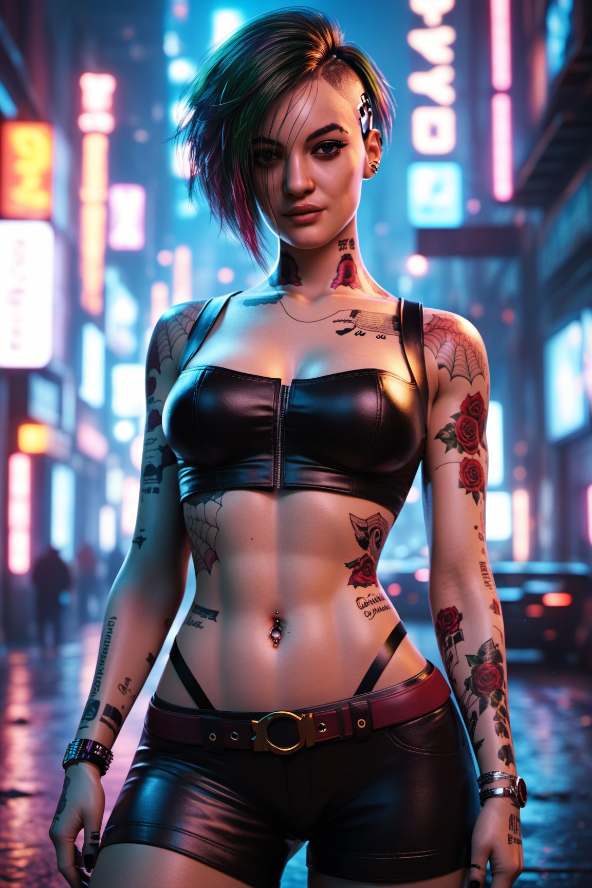 score_9, score_8_up, score_7_up, Judy Alvarez_(Cyberpunk 2077). tattooed arms, rebellious face, midriff, thin waist, large hip, in a dystopian world, cybernetic streets, Night City.