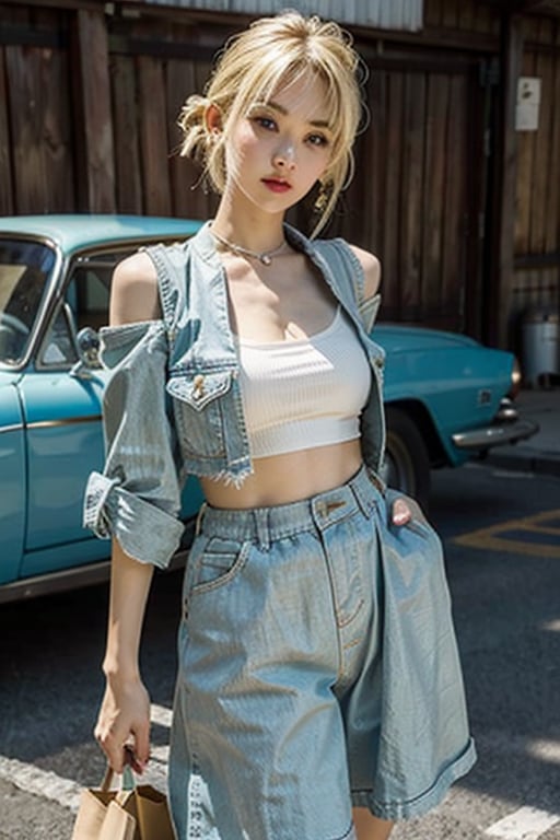 asian female, blonde hair, best quality, ultra high res, (photorealistic:1.4), masterpiece, real life skin, hyper real, cleavage, coveralls, loose high-cut open croptop, ripped jean shorts, flip hair, garage, side_glance,gangbang,long skirt,tarasuzuka24