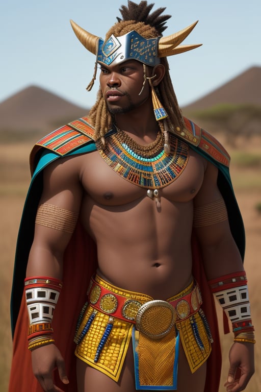  Inspired by the Zulu Kingdom of Southern Africa, this Thor from marvel outfit showcases traditional Zulu beadwork. The costume incorporates colorful bead patterns on the chest, shoulders, and headpiece, reflecting the artistry and cultural significance of Zulu beadwork in South African heritage, thor