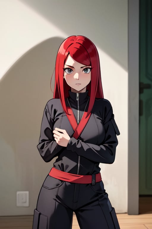 masterpiece, best quality, best shadow, detailed, red hair, ninja outfit