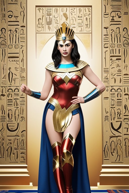 A powerful wonder woman with a costume inspired by ancient Egyptian art. The outfit features intricate hieroglyphic patterns, gold accents, and a headdress reminiscent of the regal crowns of Egyptian queens. The costume pays homage to the rich history and mystique of ancient Egypt, wonder women