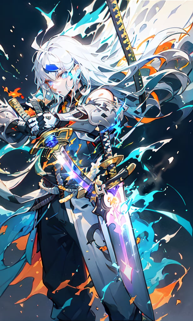 1male, 16k, hd, detailed, futuristic, masterpiece,katana,samurai, detailed face, complex_background,no_humans, detailed face, beautiful detailed eyes), High contrast, (best illumination, an extremely delicate and beautiful),dynamic pose, warzone,((holding flaming sword with two hands, katana)), blue flames, glow, glowing weapon, light particles, long white hair, BLUE  FIRE, shining blade, long blade,scenery,RED FIRE GREEN FIRE BLUE FIRE PURPLE FIRe