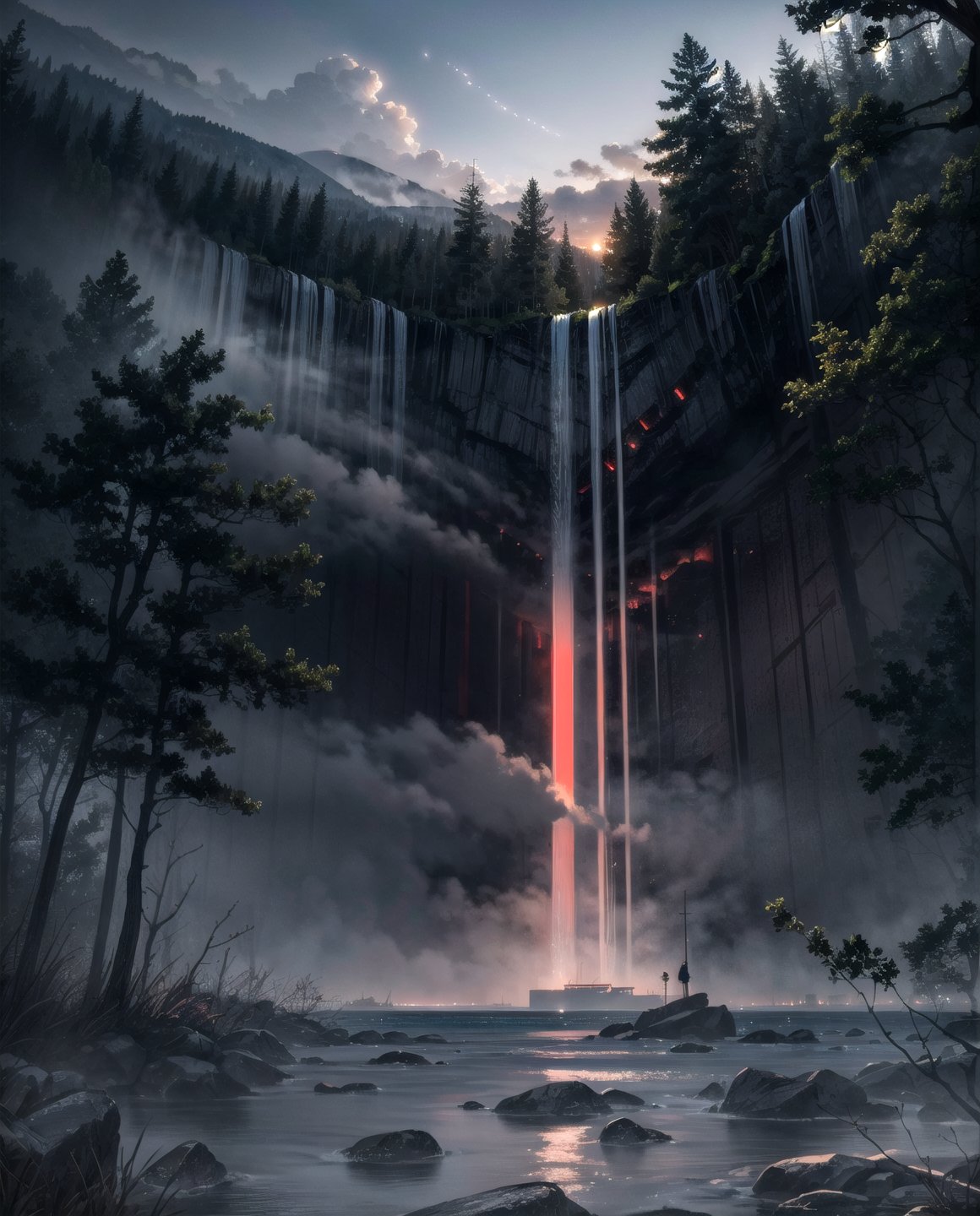 deep in a red tinted pine forest at dusk, foggy, ground view, matte painting, rocky, waterfall in distance, stunning detail, 4k, hd, clean, full of detail, sharp focus, rule of thirds by Makoto Shinkai, thomas kinkade, Karol Bak, trending on artstation,fantasy_world