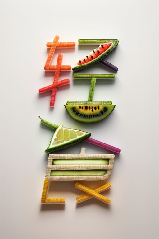 best quality,masterpiece, (made of 3 cut fruit and vegetable),white background