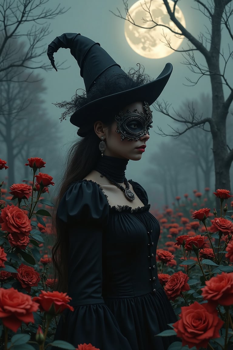 A Halloween theme photo,inside a dark  Rose flower garden background, with  piramid designed airship tech floating on the air, a lady with a mysterious mask wearing a dark dress, moonlight,hd image