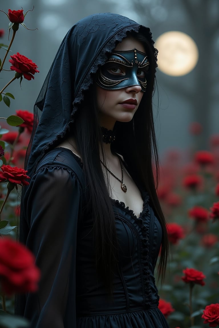 A Halloween theme photo,inside a dark  Rose flower garden background, a lady with a mysterious mask wearing a dark dress, moonlight,hd image