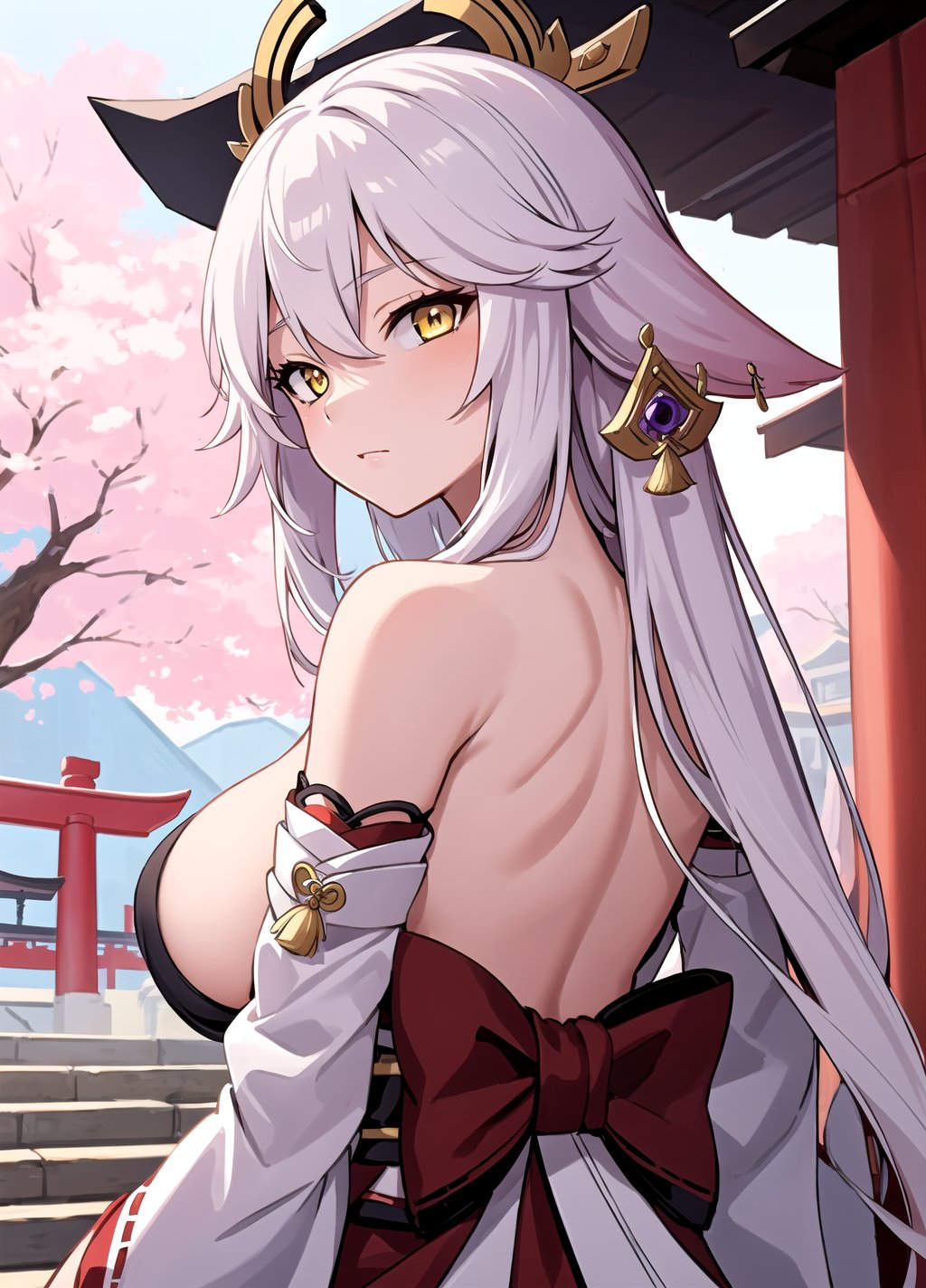 masterpiece, best quality, 1girl, yellow eyes, long hair, white hair, tree, stairs, standing, kimono, sky, cherry blossoms, temple, looking at viewer, upper body, from below, looking back,yaemikodef, nude, hentai, no clothes, show boobs