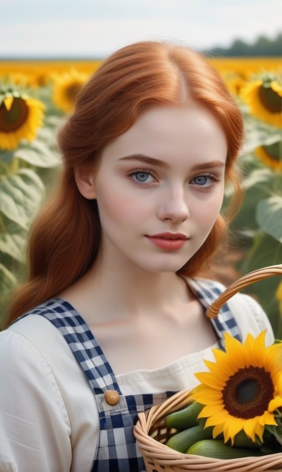 A girl next door, redhead farmgirl, 21 years old, beautiful detailed eyes, beautiful detailed lips, extremely detailed eyes and face, long eyelashes, medium: oil painting, additional details: standing in a sunflower field, wearing a checkered apron, holding a basket of fresh vegetables, surrounded by colorful butterflies, highres: 4k, ultra-detailed, realistic: 1.37, vibrant colors, warm color tones, natural sunlight.