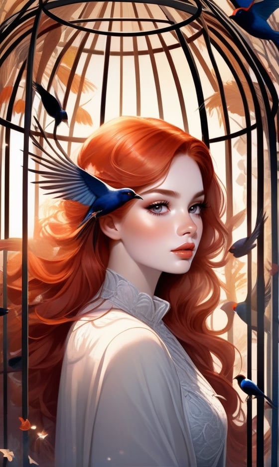 A beautiful redhead covered in birds feathers, trapped inside a bird cage,artistic rendering,soft and delicate feathers,shimmering colors,exquisite details,expressive eyes and lips,vibrant and lively birds,fine texture,painted with fine brushstrokes,elegant poses,emotional facial expression,detailed facial features,impressive background,sunlit garden scene,rich colors and textures,masterpiece:1.2,ultra-detailed,realistic:1.37,vivid colors,soft lighting,bokeh.