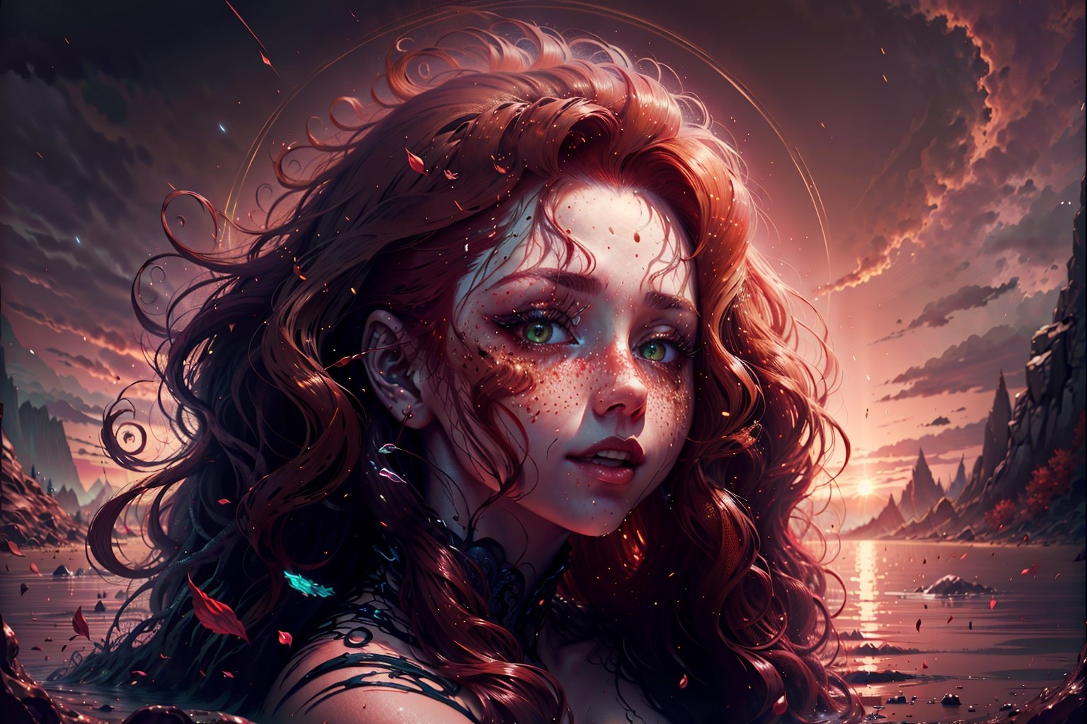 (best quality,4k,8k,highres,masterpiece:1.2),ultra-detailed,realistic:red hair, vibrant red hair, a stunning redhead, fiery red locks, flowing red hair, glossy red hair, vibrant copper hair, fiery red waves, cascading red curls, intense red tresses, striking red mane, luscious red hair, amazing red hair, breathtaking red hair, mesmerizing red hair, captivating red hair, magnificent red hair, dazzling red hair, gorgeous red hair, stunning red hair, beautiful freckles, porcelain skin, sparkling green eyes, rosy cheeks, alluring facial features, elegant posture, confident expression, vibrant personality, fashionable outfit, matching accessories, natural beauty, enchanting presence, graceful movements, surrounded by nature, in a blooming garden, under a red sunset sky, with golden sunlight shining on her, illuminated by soft natural light, in a dreamy atmosphere, with a serene expression, exuding happiness, radiating joy, full of life and energy, a stunning sight to behold.,fantasy00d,Fantasy 