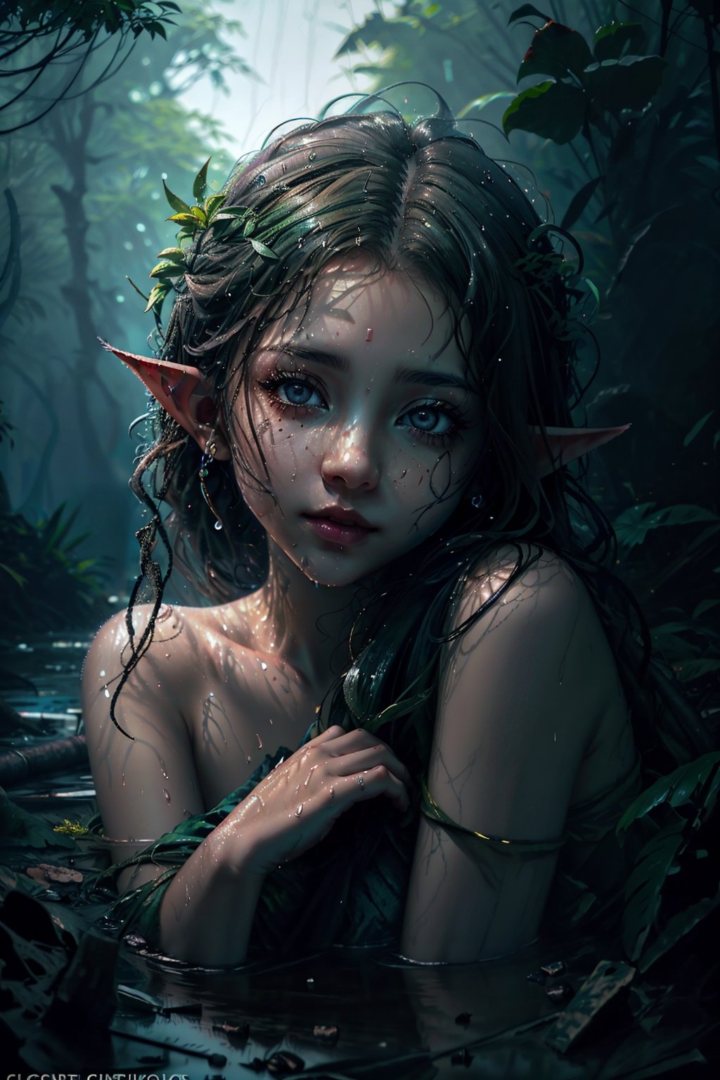 rainy jungles, swamps, a lot of water, young pile elf girl whose face is centered in the frame, the beauty of her face is obscured by a massive pile of diverse debris surrounding her, almost as if she is drowning in it, contrast between, youth, chaos, surrounding trash, provoking composition