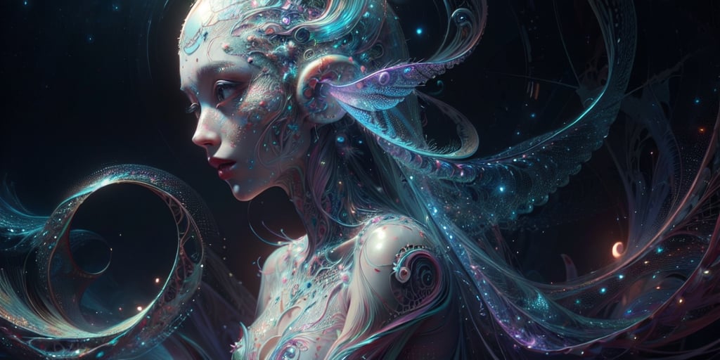 In an ethereal blend of colors and forms,  a mesmerizing tentacled alien emerges from a swirling abyss of celestial hues i...