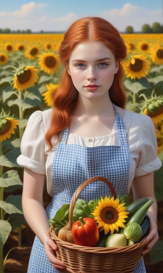 A girl next door, redhead farmgirl, 21 years old, beautiful detailed eyes, beautiful detailed lips, extremely detailed eyes and face, long eyelashes, medium: oil painting, additional details: standing in a sunflower field, wearing a checkered apron, holding a basket of fresh vegetables, surrounded by colorful butterflies, highres: 4k, ultra-detailed, realistic: 1.37, vibrant colors, warm color tones, natural sunlight.