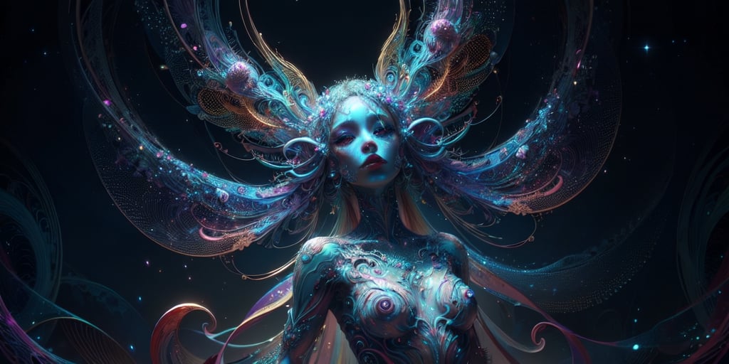 In an ethereal blend of colors and forms,  a mesmerizing tentacled alien emerges from a swirling abyss of celestial hues i...