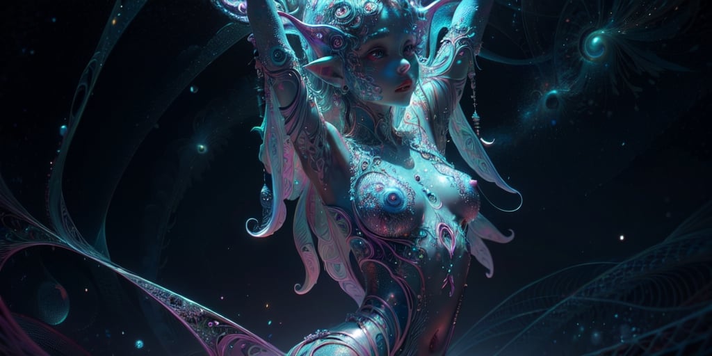 In an ethereal blend of colors and forms,  a mesmerizing tentacled alien emerges from a swirling abyss of celestial hues i...