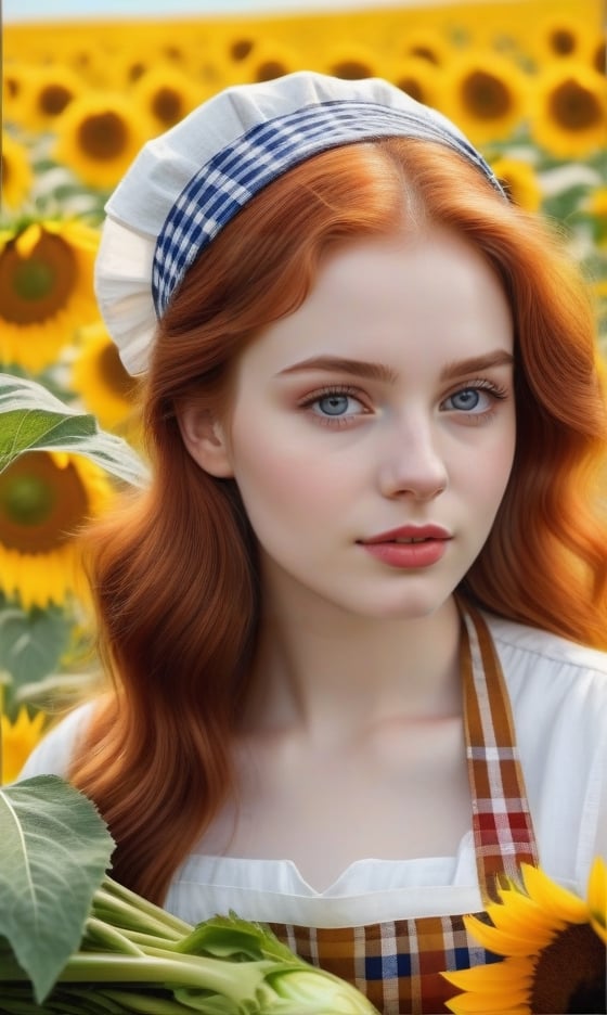 A girl next door, redhead farmgirl, 21 years old, beautiful detailed eyes, beautiful detailed lips, extremely detailed eyes and face, long eyelashes, medium: oil painting, additional details: standing in a sunflower field, wearing a checkered apron, holding a basket of fresh vegetables, surrounded by colorful butterflies, highres: 4k, ultra-detailed, realistic: 1.37, vibrant colors, warm color tones, natural sunlight.