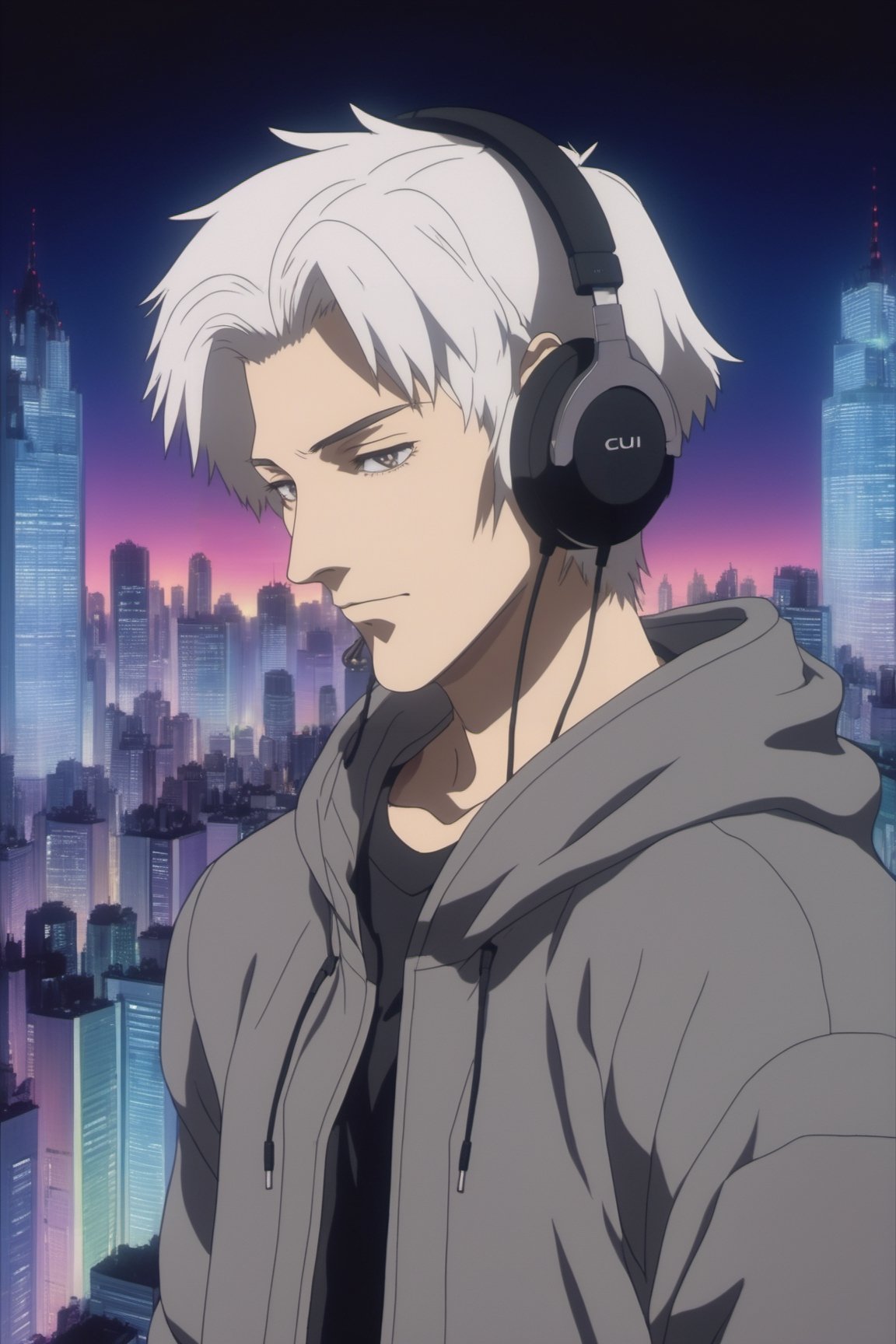 a man with headphones standing in front of a city, anime character art, diamond skin, cute emo guy, night city in the background, white haired deity, inspired by Cui Zizhong, yaoi, tech face, large ears, cute boy, wide neck, art for the game, nakolki, iridescent sky, hyperrealistic teen