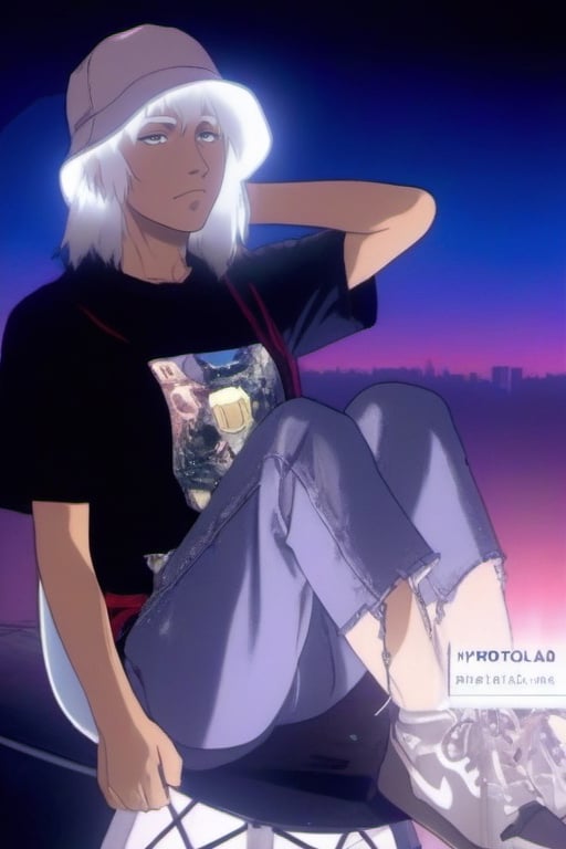 a man with headphones standing in front of a city, anime character art, diamond skin, cute emo guy, night city in the background, white haired deity, inspired by Cui Zizhong, yaoi, tech face, large ears, cute boy, wide neck, art for the game, nakolki, iridescent sky, hyperrealistic teen