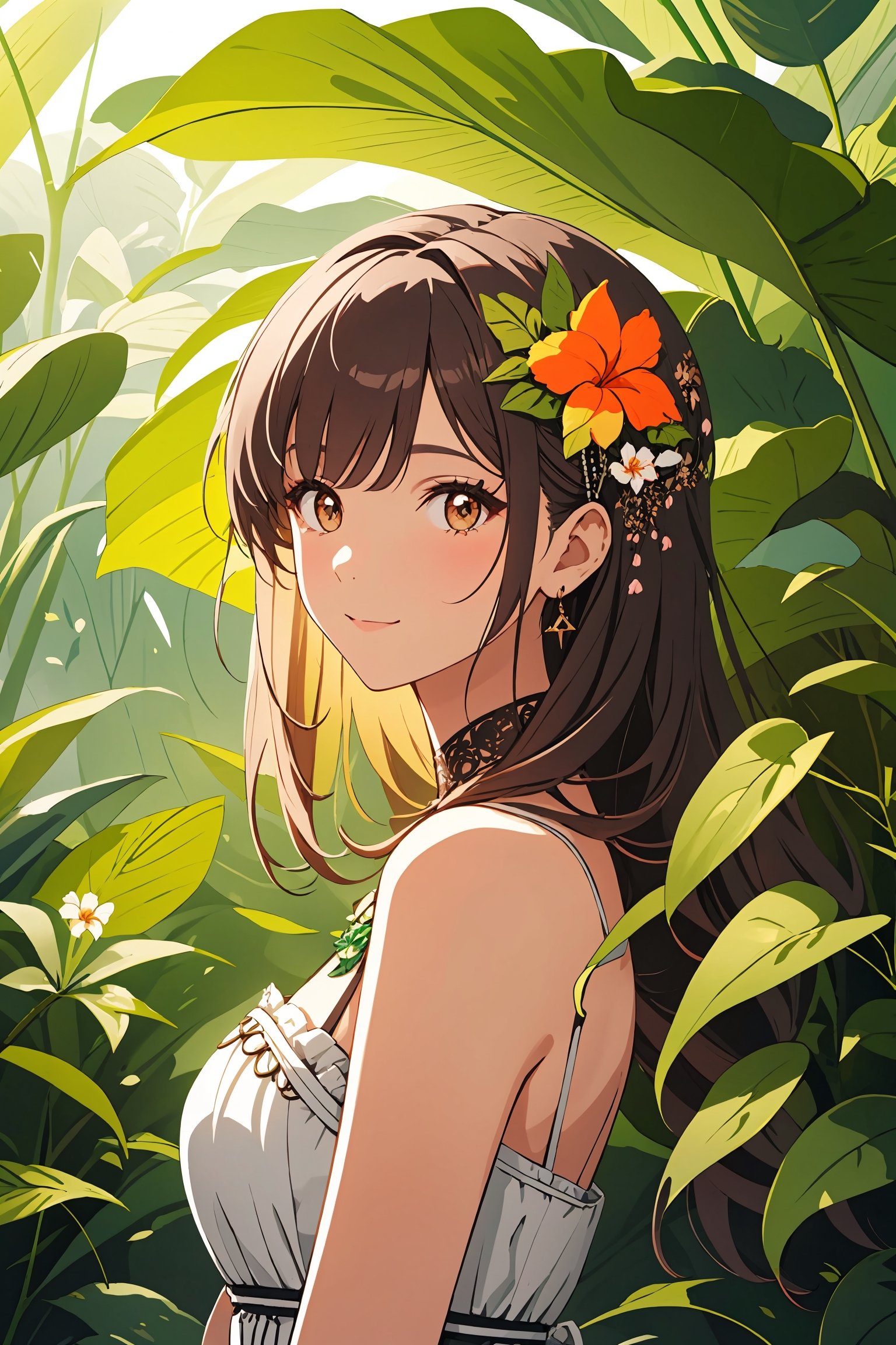 beautiful photo of a woman wearing sexyqun001 and qun001, at detailed summer tropical flower forest, subtropical flowers and plants, intricate, elegant, highly detailed, 8k, post-processing, digital painting, trending on pinterest, harper's bazaar, concept art, sharp focus, illustration, soft smile, 