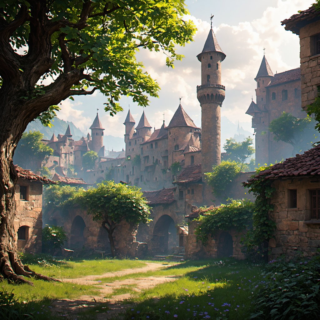 A big beautiful old tree,  8k,  magical fantasy hanging medieval city buildings with minarets in a fantastical vast expans...