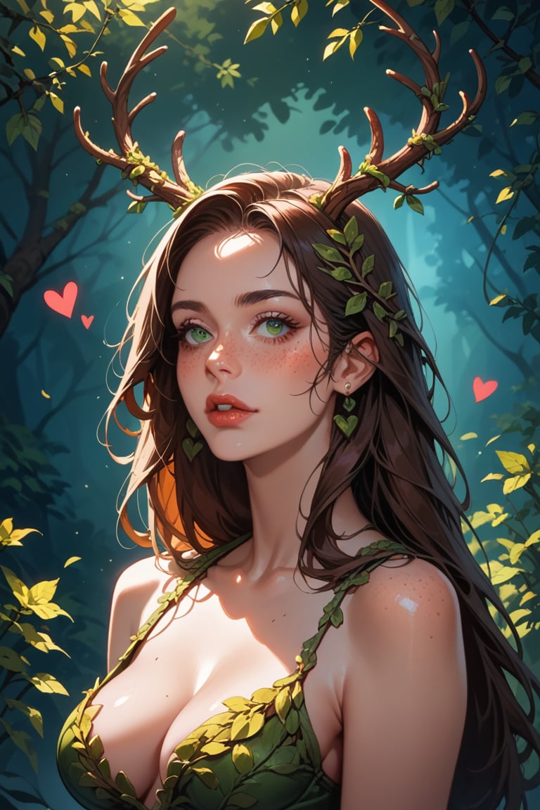 score_9, score_8_up, score_7_up, 1 girl, long hair, brown hair, tilted angle, hearts, female focus, antlers, dryad, nature,  concept art, green eyes   , expressiveH 