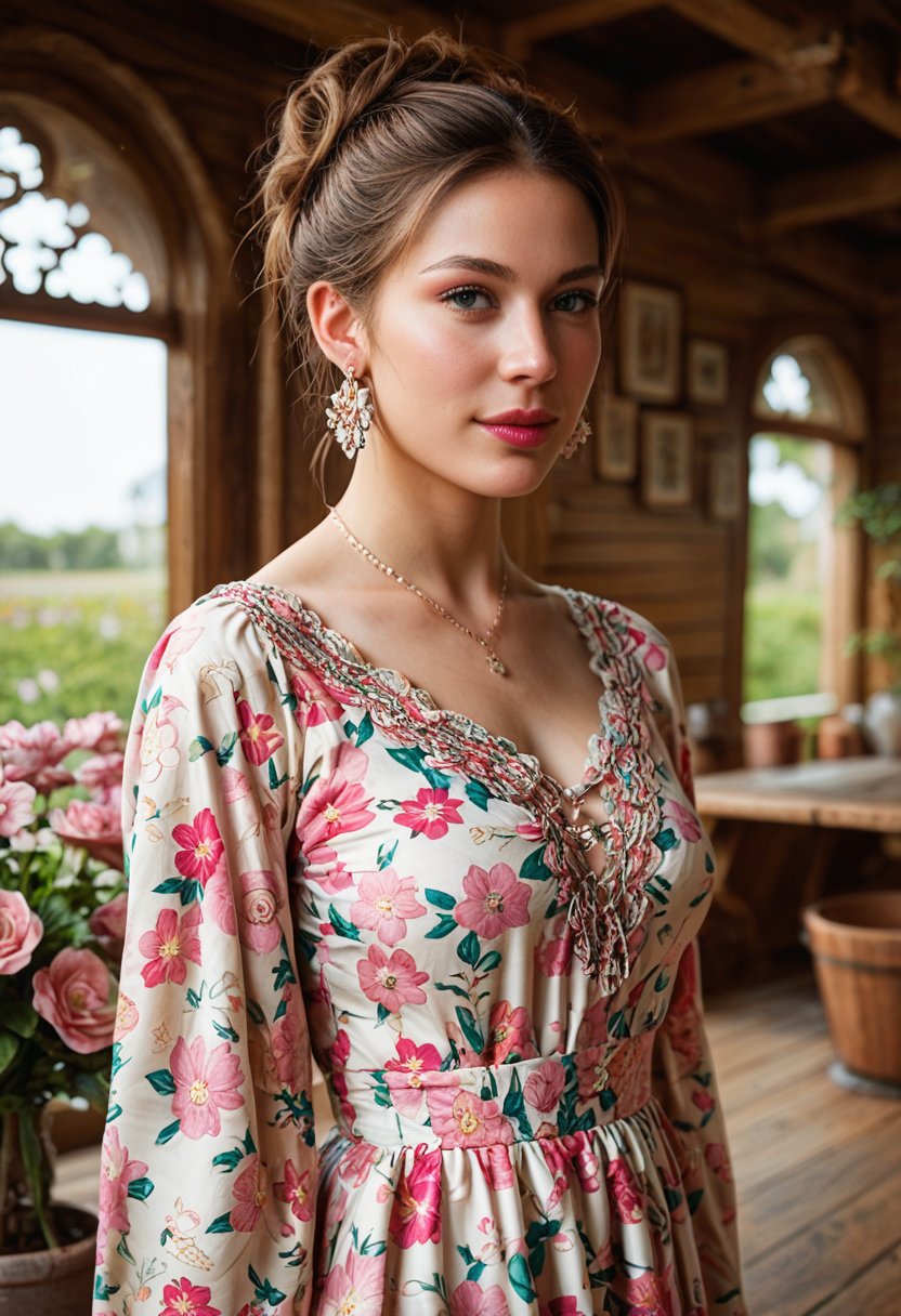 score_9, score_8_up, score_7_up, score_6_up, masterpiece, best quality, realistic, extremely detailed, A charming image captures a young woman in a beautifully crafted, bohemian-style crochet dress. The dress features intricate patterns with colorful floral embroidery, particularly around the hem and the voluminous bell sleeves. The bodice has a detailed lace design with a flattering neckline. She stands beside a rustic wooden house adorned with blooming pink flowers in clay pots, adding a touch of natural beauty to the scene. Her hair is styled elegantly, and she wears long, delicate earrings that complement her outfit. The sunlight gently illuminates the scene, creating a warm, inviting, and serene atmosphere