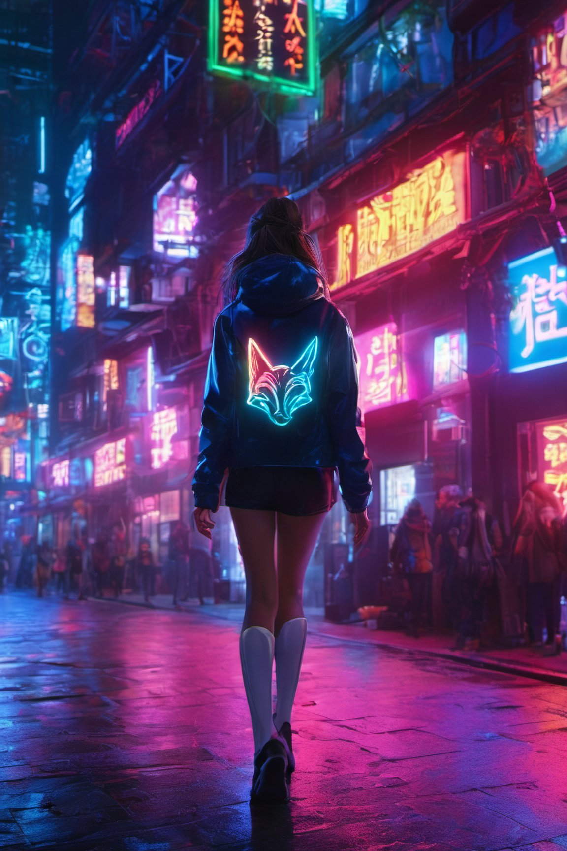 1girl, night city, back view ,Spirit Fox Pendant, wallking street,people walking, perfect ass, realstic, neon light. high detail, high_resolution,xxmix_girl