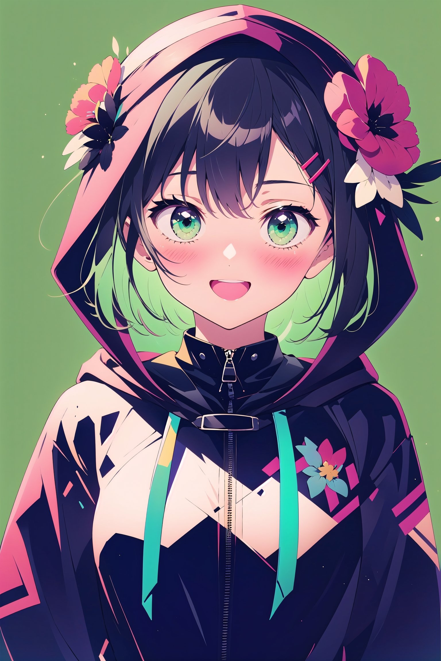 1girl, solo, hair ornament, green eyes, black hair, smile, flower, hood, hair flower, short hair, hairclip, open mouth, looking at viewer, blush, upper body, bangs, hood up, zipper, long sleeves, green background, :d