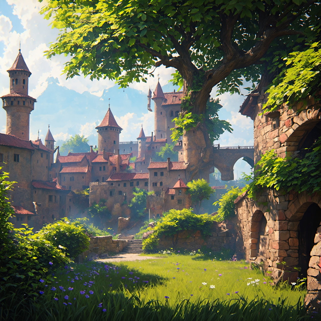 A big beautiful old tree,  8k,  magical fantasy hanging medieval city buildings with minarets in a fantastical vast expans...