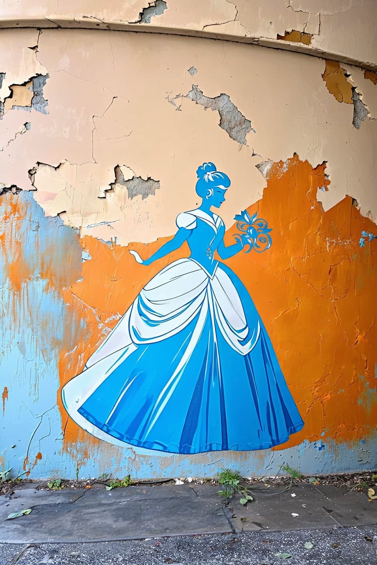 A worn, weathered wall serves as the backdrop for a vibrant mural, featuring a faded silhouette of a Disney princess. The once-vibrant colors of the artwork have succumbed to time and neglect, leaving only the faint outline of a regal figure. Faded yet still captivating, the princess's elegance lingers in the subtle brushstrokes and soft hues.