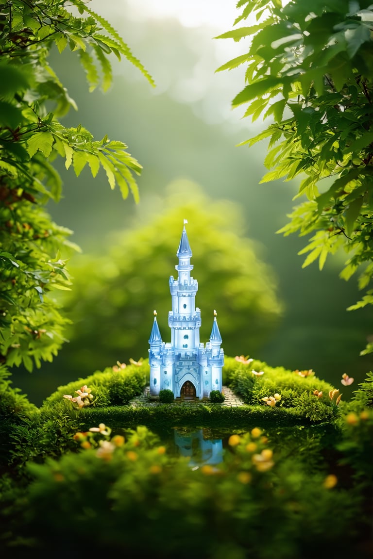 A surreal tableau unfolds: Translucent Organelle, Parouflaged Prime NeuralNano stands amidst a miniature castle's emerald foliage, as delicate petals dance in soft, golden light. The scene is bathed in moody, cinematic glory on 35mm Kodak film, with sharp focus and high-budget grandeur.