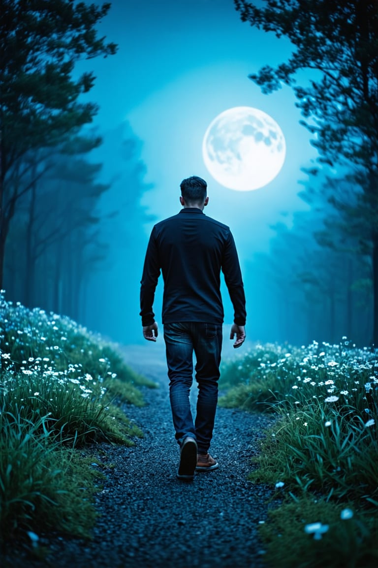  professional masterpiece, 8k, magical fantasy In the heart of a Moon light, a man walking under beautiful blue moon, moody misty atmospherics, highres, best quality, dramatic, cinematic, epic, pantone analogue style, (concept art, digital art, realistic, dynamic, (curvilinear perspective), high view angle, establishing shot, low depth of field, tilt shift, iris blur, bokeh, sharp clarity, fine intricate details, great lighting, warm dappled soft lighting, volumetric lighting, detailed highlights, rim lighting, low-key