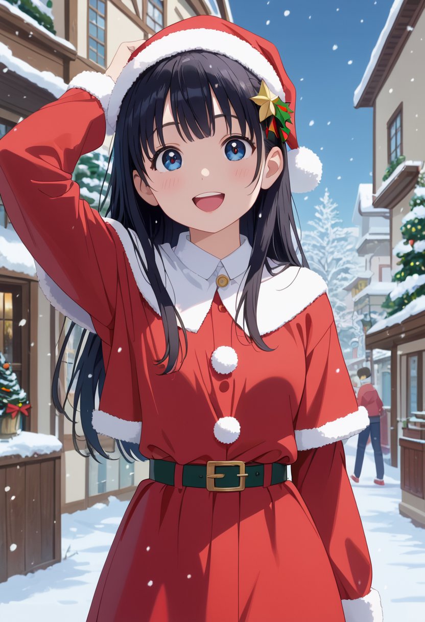  score_9, score_8_up, score_8, (ultra realistic,32k, masterpiece:1.2),(high detailed skin:1.1),( high quality:1.1), (curvy), high resolution, best quality,  snowing, happy, (tiny loli), happy, cute,(eyes),(black hair),(Long hair),(Santa clothes),(masterpiece), best quality, expressive eyes, perfect face, outside, Streets,anime screencap,score_anime