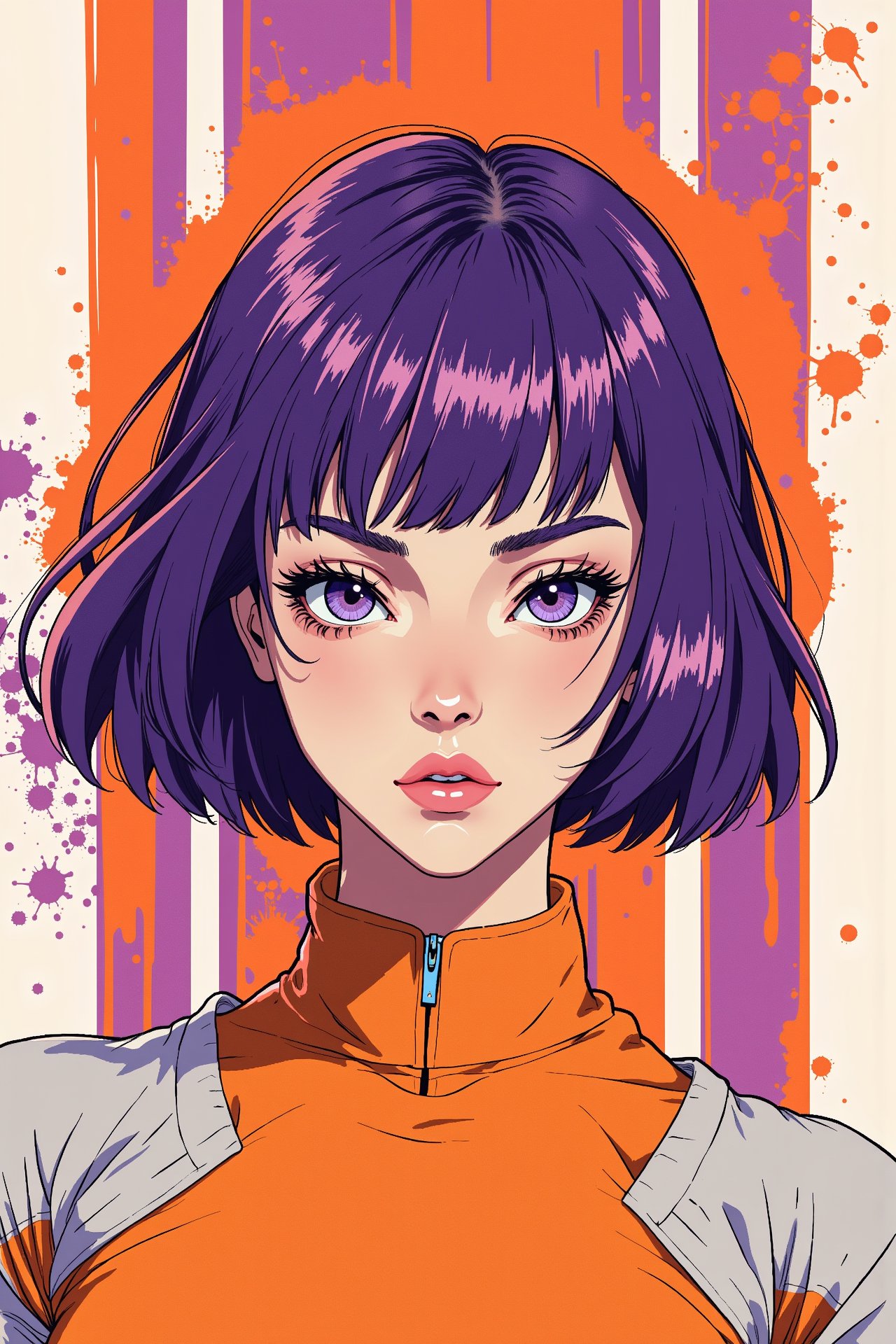 Semirealistic futuristic looking woman with purple and orange hair in the style of tom whalen, flat colors, purple orange and white broad strips paint in the background, outrun paint splotches, anime style