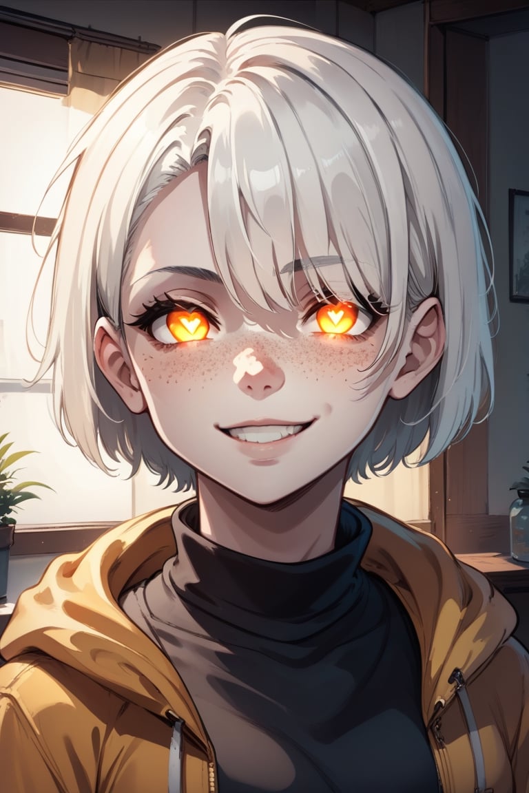 score_9_up, score_8_up, score_7_up, score_6_up, source_anime, ratings_safe, 1girl, face art. glowing eyes, heart_shaped_pupils, glowing pupils, smirky smile, freckles, bobcut hair, white hair, hairs covering her eyes, closeup shot, black turtleneck on neck, black stroke lines, motion_lines, anime style, illustration