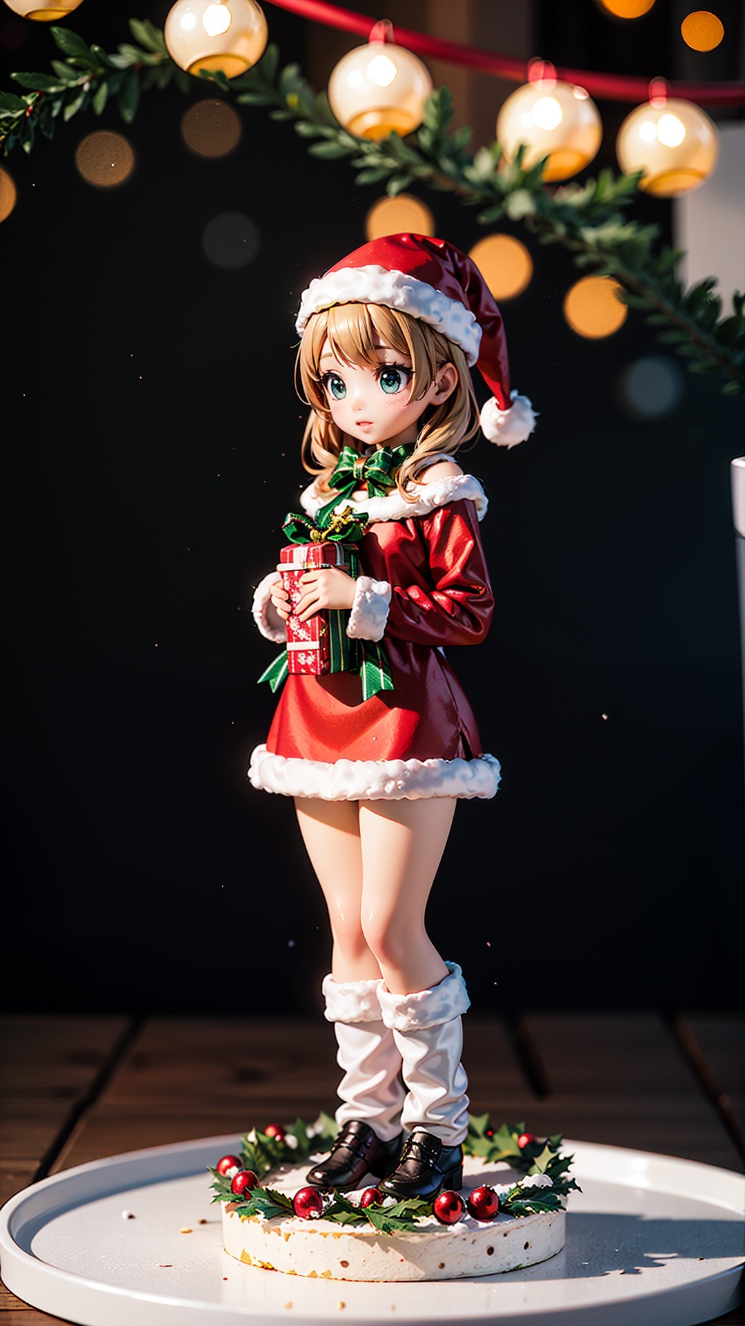  The girl's hand holds the product,blurry,blurry_foreground,depth_of_field,blurry_background,christmas_tree,christmas,christmasornaments,photo(medium),3d,merry_christmas,Clothes,motion_blur,pov,santa_costume,christmas_lights,bell,cake,gift,SANTA CLAUS