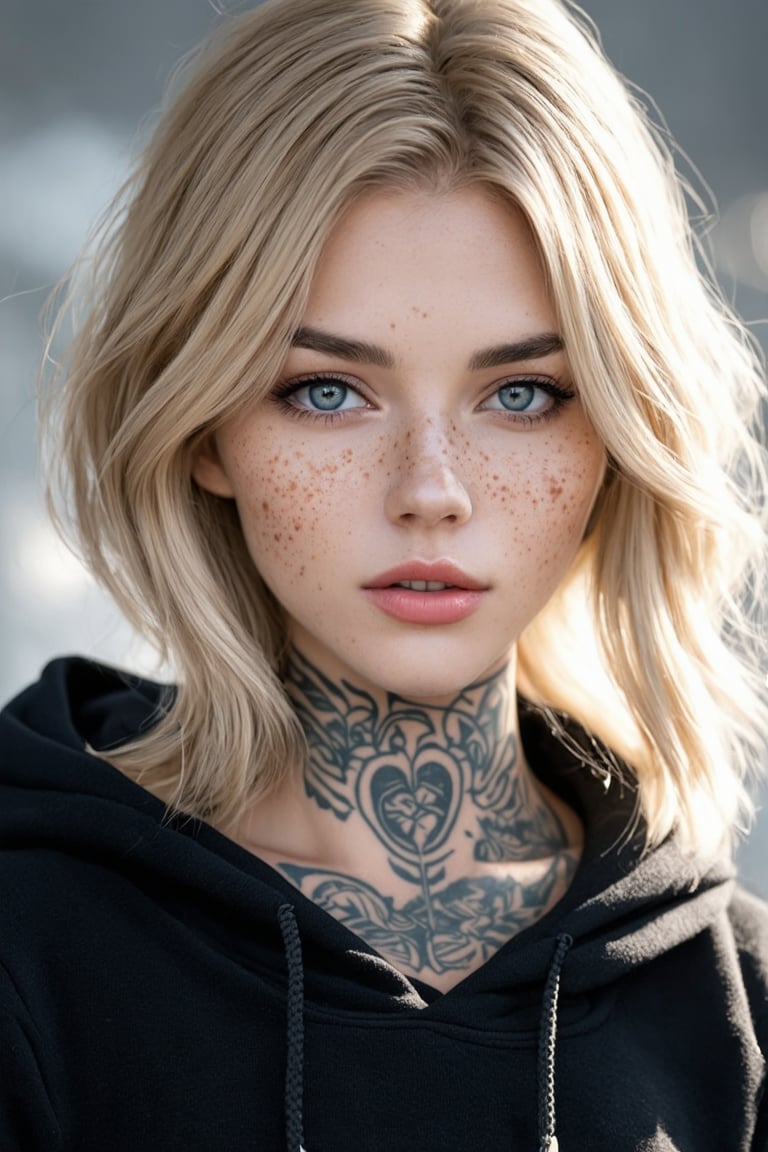 masterpiece portrait, Hyperrealistic, stunning beauty, high detail, cinematic photo Medium format photography, Anime girl digital artwork, A woman in her 20s, looking at the camera, she has freckles, blue eyes, she has Lush blonde hair, tattoos on neck, wearing a black hoodie, highly detailed, best quality, 8k uhd, Nikon 70d, ISO200, F/2.8, 1/25sec, 70mm . 35mm photograph, film, bokeh, professional, 4k, highly detailed