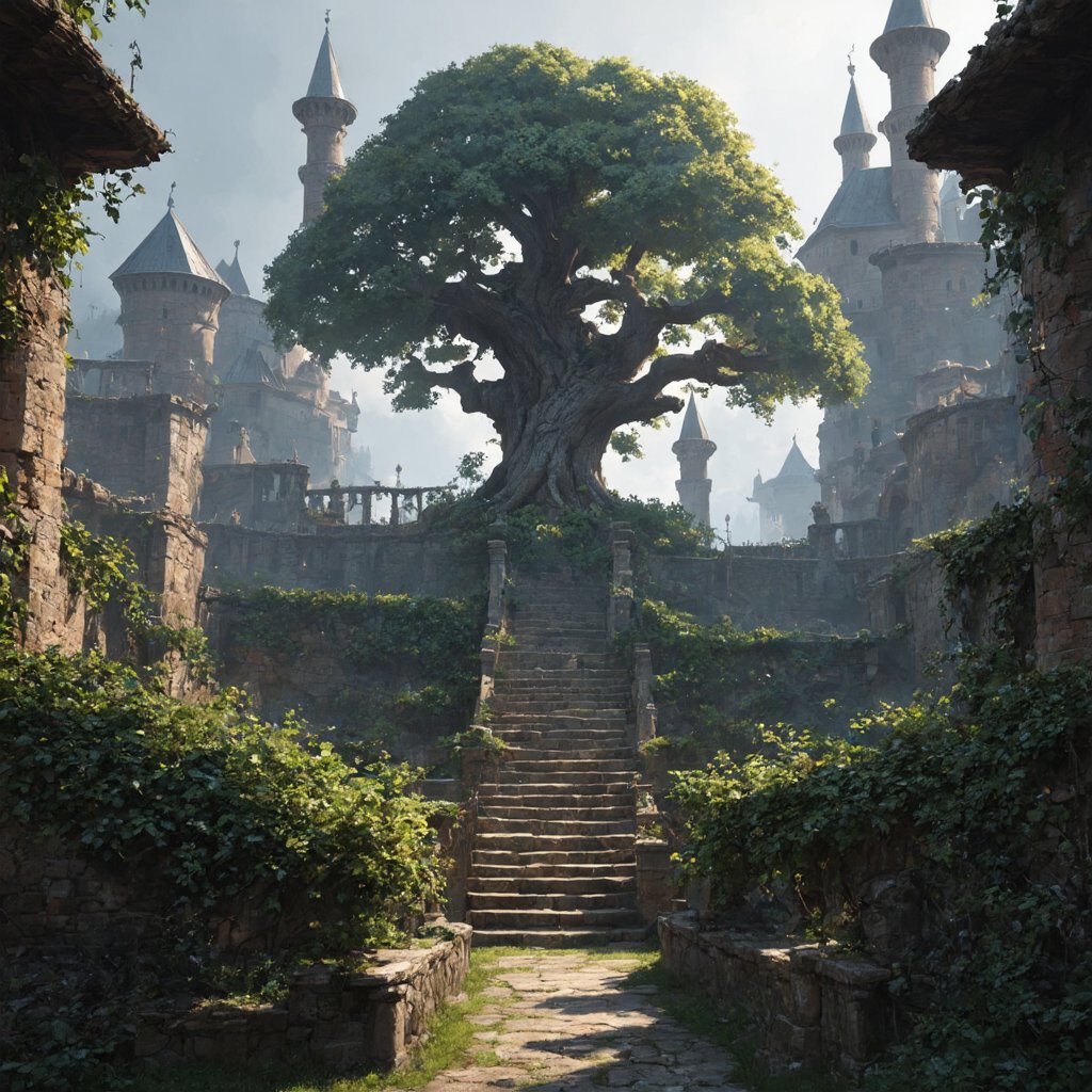 A big beautiful old tree,  8k,  magical fantasy hanging medieval city buildings with minarets in a fantastical vast expans...