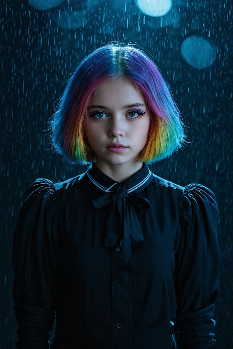 In a cinematic film still, a girl stands poised against a dark background, the sound of raindrops creating a somber atmosphere. Her crystal hair sparkles in the dim light, complemented by multicolored locks trimmed short. A black collared shirt and puffy sleeves evoke sophistication, cinched at the neck with a slim tie. Colored eyelashes add a touch of whimsy to her expressionless gaze, directed straight at the viewer. The camera captures her in a dramatic, high-contrast shot, with bokeh highlights and cinemascope framing. Moody lighting enhances the cinematic feel, with film grain adding texture and grit. The overall aesthetic is epic, gorgeous, and highly detailed, evoking the grandeur of a big-budget production.