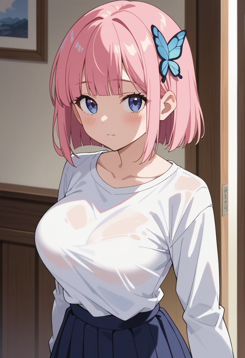 score_9, score_8_up, score_7_up, score_6_up, source_anime, shiny skin,  1girl, nakano nino, butterfly hair ornament, skirt, bangs, hair ornament, blue eyes, blush, breasts, shirt, large breasts, solo, looking at viewer, ribbon, pink hair, white shirt, black ribbon, hair ribbon, closed mouth, long sleeves, blunt bangs, short hair, collarbone,anime screencap