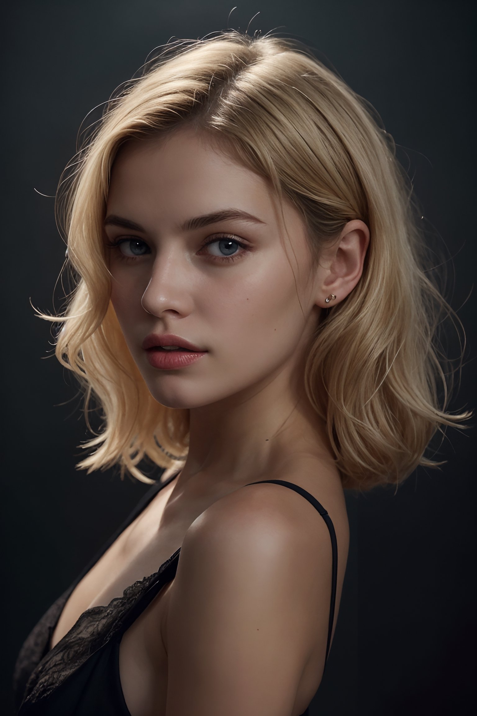 super cute blond woman in a dark theme,  Hyper Realistic by NukeA.I on Tensor.Art