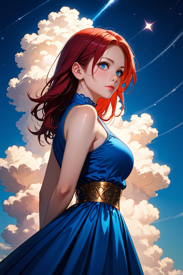 Close-up details, realistic style photo, (colored skin),
digital illustration, the best work of ArtStation, A girl with long red hair and blue eyes stands solo in a night sky setting, wearing a sleeveless blue dress that reveals bare shoulders. She looks away, arms behind her back, captured from below as she gazes up at the star-filled sky. The back lighting and colored light enhance the photo shoot ambiance, with clouds and a cosmic backdrop swirling in blues and purples. 
outstanding style, tall, cute, in her teens, soft lighting to cast gentle shadows on the subject, score_9, score_8_up, score_7_up, K-Eyes, negative_hand