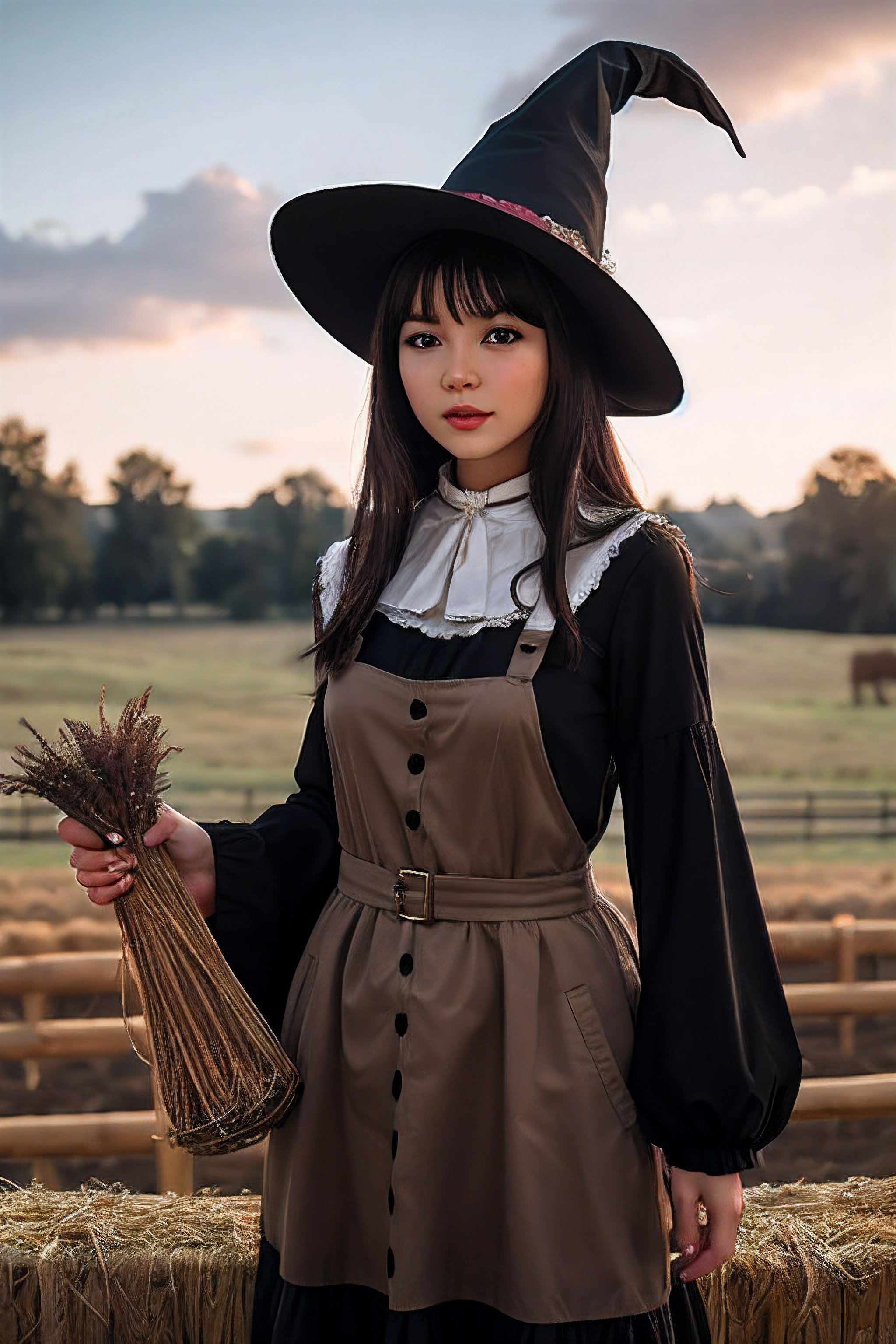 AgoonGirl,High detailed,, (xx)1girl,masterpiece, best quality, 8K,highres, absurdres:1.2,a girl in scarecrow costume,on the farm witch crow,girl